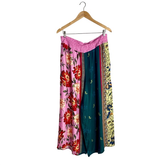 Anthropologie Pants - Anthropologie Patchwork Floral Wide Leg Pants L Boho Smocked Waist Mixed Print
